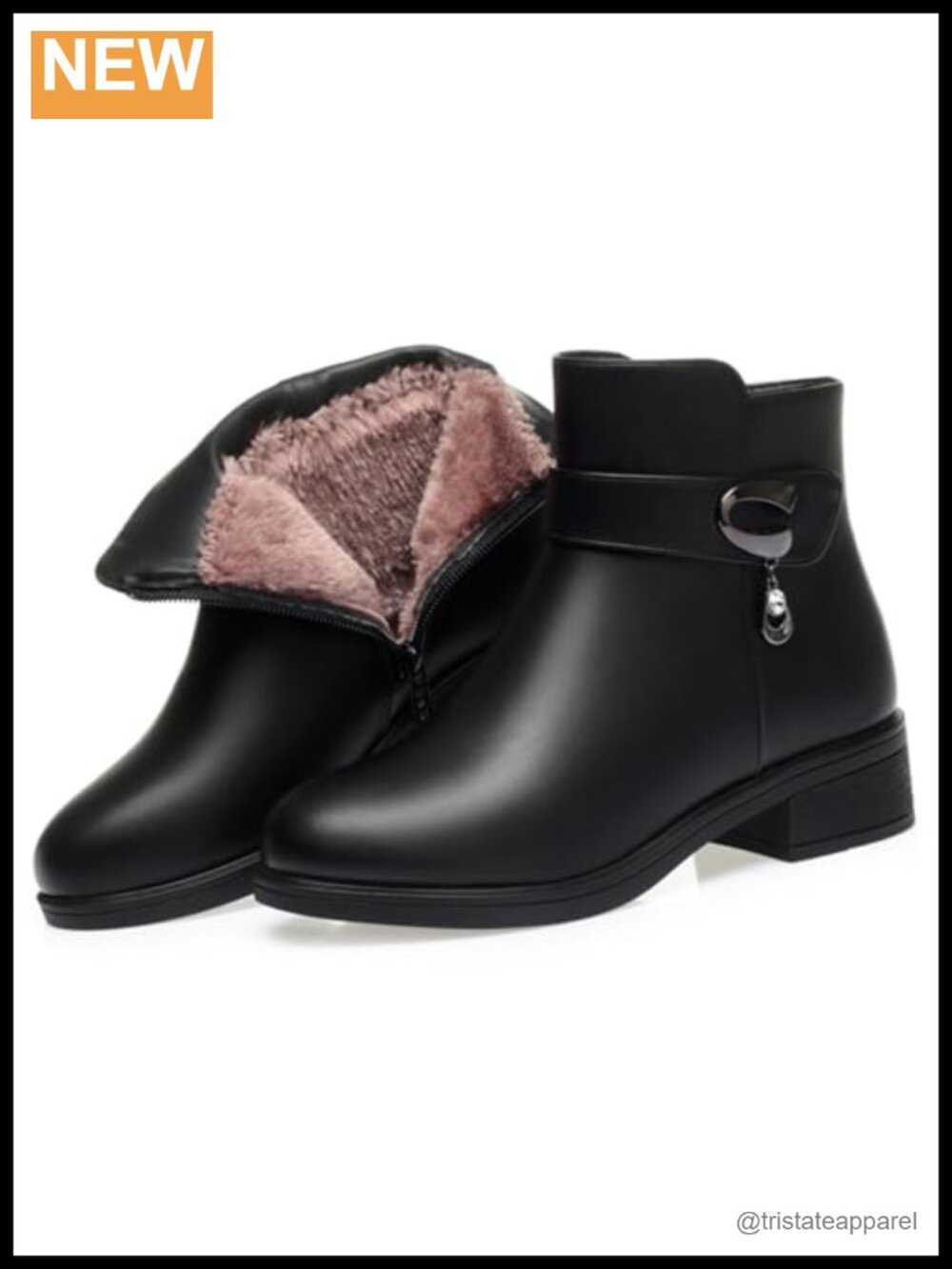 Fur Lined Low Block Heel Booties with Side Zipper, Rhinestones